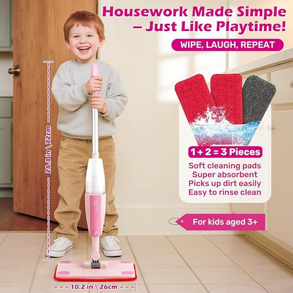 Dreamon Kids Spray Mop - Real Working Toddler Cleaning Set with Water Sprayer & 3 Washable Mop Pads & Scraper, Pretend Play Montessori Housekeeping Toys Gifts for Toddlers Kids Girls Boys(Pink)