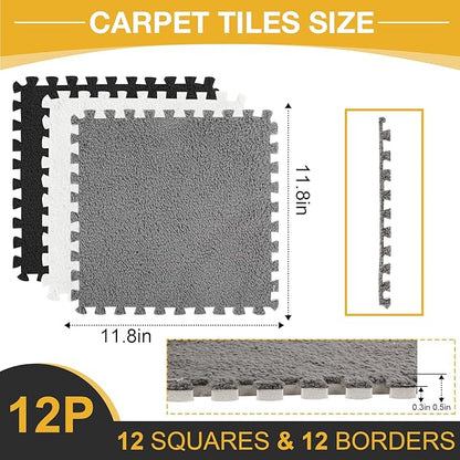 12 Pcs Plush Interlocking Carpet Tiles, Non-Toxic Foam Carpet Tiles for Toddler Baby, Machine-Washable, Anti-Slip, EVA Foam Interlocking Tiles for Floor, Nursery, Playroom, Grey White Black