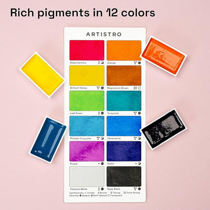 ARTISTRO Professional Watercolor Paint Set for Adults - 12 Pigment-Rich Colors, XL Pans, ASTM-I Lightfastness, High Tinting Strength Watercolor Set for Professionals made by professionals