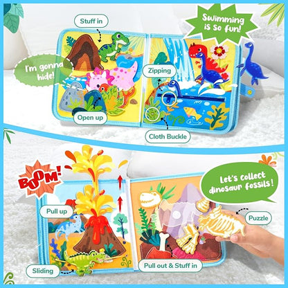 JoyCat Toddler Dinosaur Busy Book, Busy Board for 2 3 4 5Year Old -Travel Toy Quiet Activity Book, Life Skills & Fun Games - Autism Sensory Toy, Toddler Easter Basket Stuffers Gifts