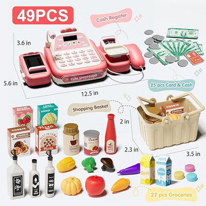 49PCS Pretend Play Cash Register Toy Set for Kids with Real Calculator,Scanner,Microphone,Conveyor Belt,Weighing Tool,Cashier Playset Realistic Gift for Toddler Kid Ages 3 4 5 6 7 8（Pink）