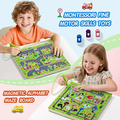 2 in 1 Magnetic Color and Number Maze Magnet Alphabet Counting Double Sided Board Wood Puzzle Fine Motor Skills Montessori Preschool Toys Gifts for Boys and Girls 3-5 Age (Big Car, One Size)