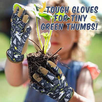 HANDLANDY Kids Genuine Leather Gardening Gloves for ages 3-11, Children Toddler Work Outdoor Playing Gloves for Boys Girls Gift (Medium (for age 5-7), Blue)