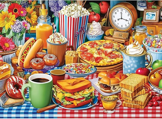 300 Pieces Puzzles for Adults,Food Feast Puzzle for Adult,Pizza Hot Dogs Sandwiches Popcorn Coffee Puzzles for Kids Ages 8-10,Donuts Jigsaw Puzzle for Seniors Large Piece, 20.5 x 15 in