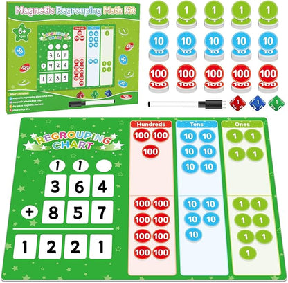 Magnetic Regrouping Math Base Ten Place Value, 2025 New Upgraded Addition & Subtraction Math Manipulatives Dry Erase Whiteboard for Kids 1st 2nd 3rd Grade, Math Games Homeschool Classroom Must Haves