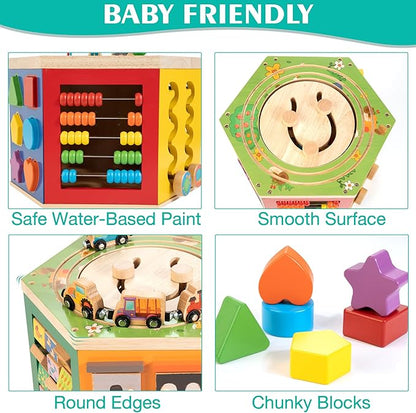 Large Activity Cube, 9-in-1 Farm-Themed Wooden Play Center, Multipurpose Montessori Toy for 1-2 Year Old Baby Toddler Kid, First Birthday Gift | Bonus Magnetic Train Cars