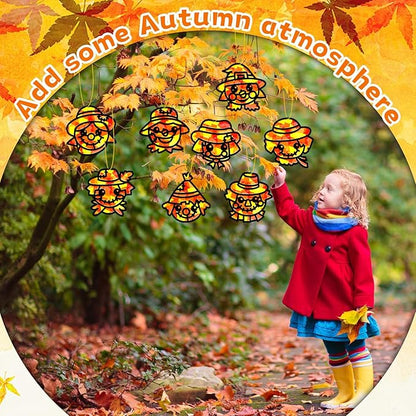 QOUBAI 32 Sets Fall Scarecrow Suncatchers Craft Kit DIY Window Stained Glass Effect Autumn Scarecrow Paper Crafts Home School Classroom Decoration Kid Birthday Gift Creative Art Project Activity Game