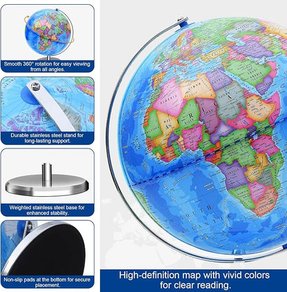 World Globe for Children and Adults, 12 inch Educational Spinning Earth Map with Stand, Self-Assembled Interactive World Globes for Kids Learning, Classroom, Students Desk, Room and Office Decor