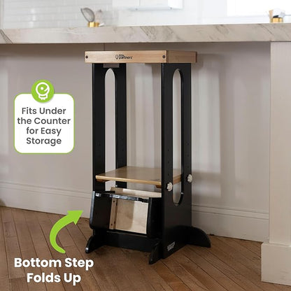 Little Partners Foldable Toddler Tower, Learning Tower Explore 'N Store Montessori Standing Kitchen Tower with Folding Step Stool Platform for Cooking and Learning, Ages 2+ (Charcoal)