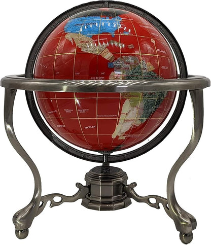 Limited Edition! Unique Art Since 1996 RED Table Top Gemstone World Globe with Tripod Silver Zinc Alloy Stand (220MM/9 INCHES/RED OCEAN)