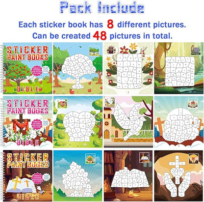 6PCS Bible Paint by Stickers for Kids Ages 4-8 2025 VBS Crafts Sticker by Number Puzzle Activity Book Christian Gift Sunday School DIY Art Kit with Religious Jesus Nativity Tree Noah’s Ark 48 Pictures