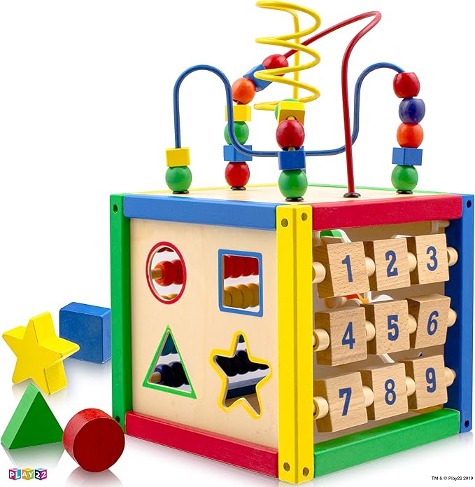 Wooden Activity Play Cube 6 in-1 for Baby with Removable Bead Maze, Shape Sorter, Abacus Counting Beads & Numbers, Sliding Shapes, 8Pcs Stacking Cups – Play22