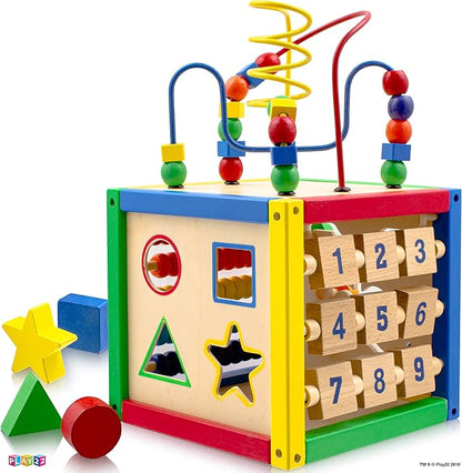 Wooden Activity Play Cube 6 in-1 for Baby with Removable Bead Maze, Shape Sorter, Abacus Counting Beads & Numbers, Sliding Shapes, 8Pcs Stacking Cups – Play22