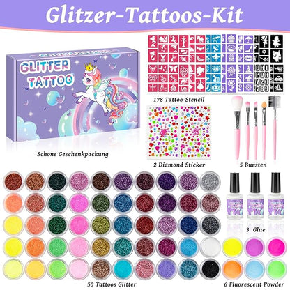 Temporary Glitter Tattoos Kids,50 Glitter Colors and 6 Fluorescent Colors,178 Stencils,2 diamond stickers,3 Glue,5 Brushes,Adults and Kids Arts Glitter Kit,Wonderful Holiday Gifts for Girls & Boys.