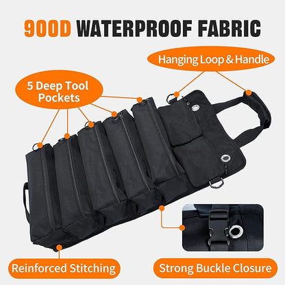 Portable Foldable Roll-Up Waterproof Tool Bag Organizer with 5 Compartments & 2 Detachable Pouches, Heavy-Duty Tool Pouch Bag, Dad Men Electrician Mechanic Gifts