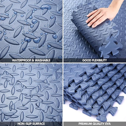 Coolcandy EVA Foam Play Mat, 16 Tiles Colorful Baby Play Mat, Square Kids Playmat with Solid Colored, 0.4" Thickened Interlocking Foam Floor Tiles, Puzzle Play Mat for Baby Lying, Playing (Navy Blue)