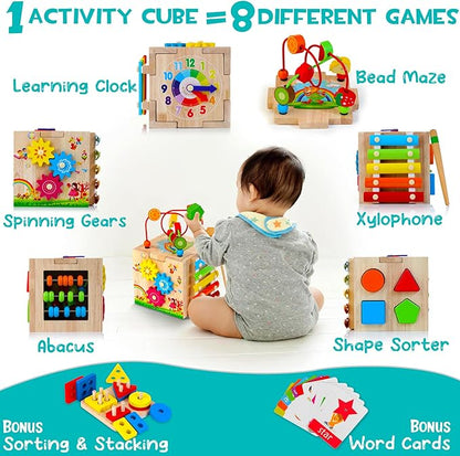 Wooden Activity Cube, 8-in-1 Montessori Baby Toys for 1+ Year Old Boys & Girls, Educational Learning Toys for Toddlers Age 1-2, 1st Birthday Gift | Bonus Sorting & Stacking Board