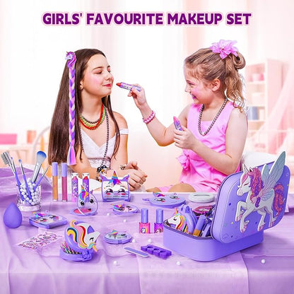 Kids Makeup Kit for Girl - Girls Makeup Kit Toys with Flying Horse Storage Case, Kids Play Makeup Set for Christmas Birthday Gift 3-12 Years Old