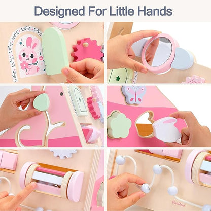 PairPear Wooden Baby Walker Push and Pull Learning Activity Walker, 8-in-1 Montessori Busy Board Push Walker Wooden Activity Center Toys for Boys and Girls 12m+ （Pink Rabbit）