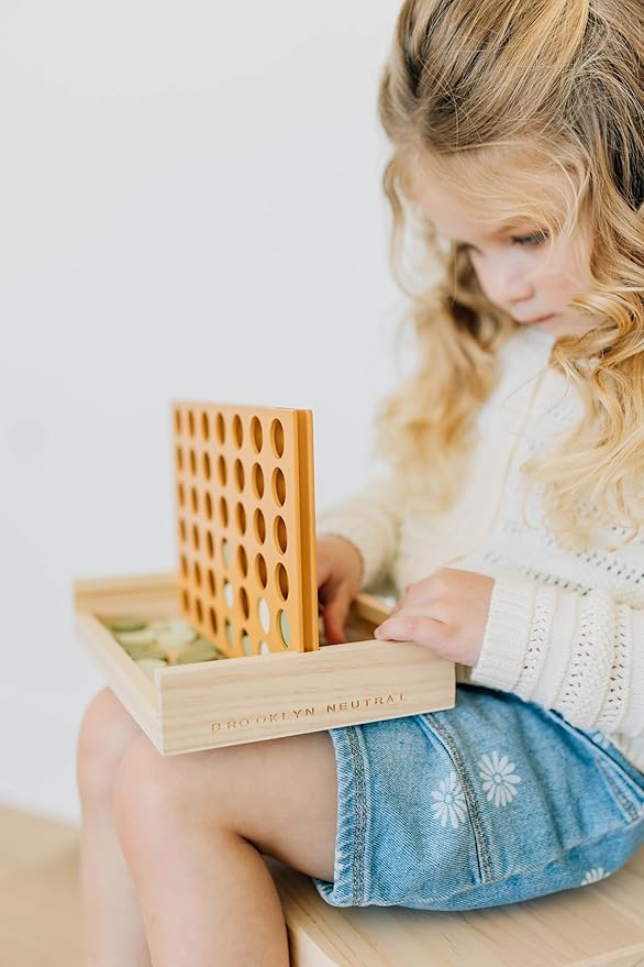 Neutral Wooden Four in a Row Game, Aesthetic Two Player Montessori Travel Board Game for Kids and Adults, Perfect Coffee Table Decor and Housewarming Gift