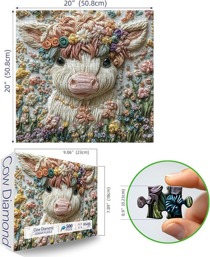 Crystal Highland Cow 500 Piece Puzzles for Adults Cute Cow Flower Animal Jigsaw Puzzles 500 Pieces Highland Cow Diamond Art Difficult Unique Family Challenging Puzzle (20"x20")