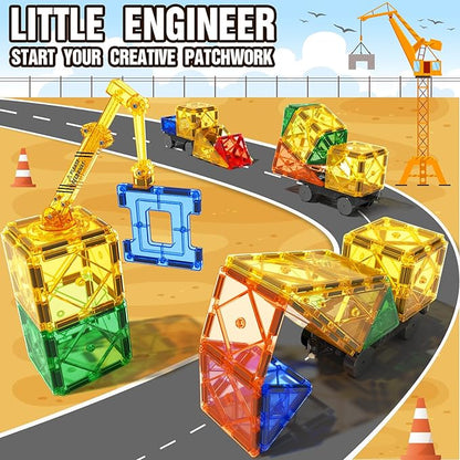 Magnetic Tiles Road Set with Magnet Crane Car, Construction Toys for Kids Ages 3-5 4-8 5-7, Creative Magnetic Building Blocks Toddler Toys, Gifts for 3+ Year Old Boys & Girls