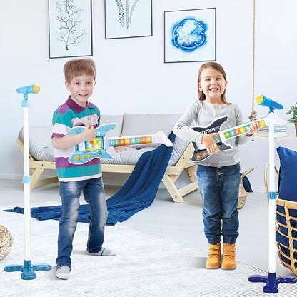 deAO Kids Guitar and Microphone Set with Stand Adjustable Height Music Light Karaoke Music Toys Christmas Birthday Gift for Kids Boys Girls (Black)