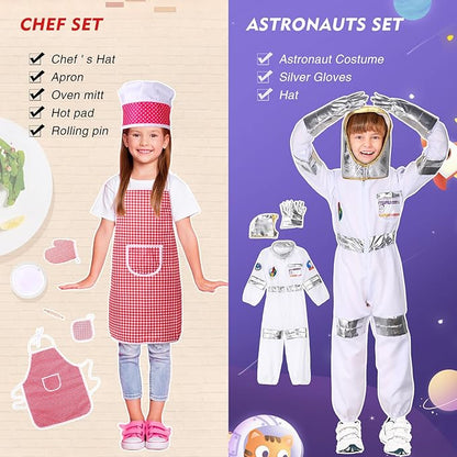 Vicenpal 10 Set Dress up Clothes for 3-8 Years Old Washable Construction Policeman Fireman Doctor Chef Gardener Explorer Scientist Soldier Astronaut Costumes for Boys and Girls Role Playing Activities