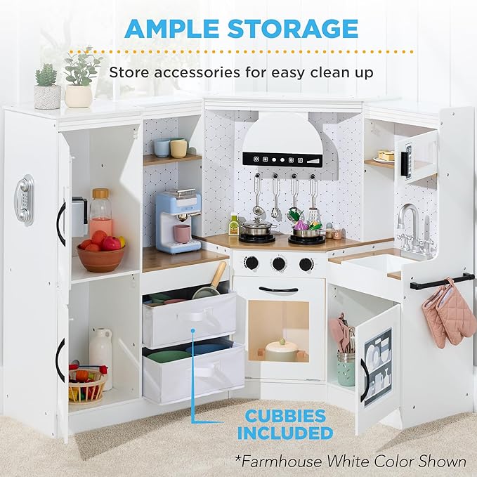 Best Choice Products Pretend Play Corner Kitchen, Ultimate Interactive Wooden Kids Playset w/Lights & Sounds, Ice Maker, Hood - Coastal Blue