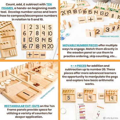 LITTLE BUD KIDS Counting Pegs - A Ten Frame Math Game with Addition and Subtraction Flash Cards, A Wooden Montessori Math Toy & Math Manipulatives Number Peg Boards for Kids 3 4 5 6 7