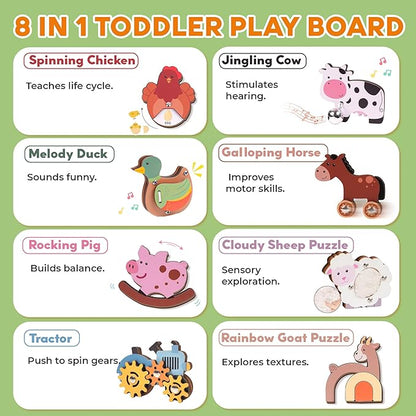 Wooden Montessori Farm Puzzles for Toddlers 1-3 – Interactive Sensory Animal Toys with Textures & Sound -Educational Puzzle & Baby Gifts for Fine Motor Skills & Autism Friendly (8 Puzzles)