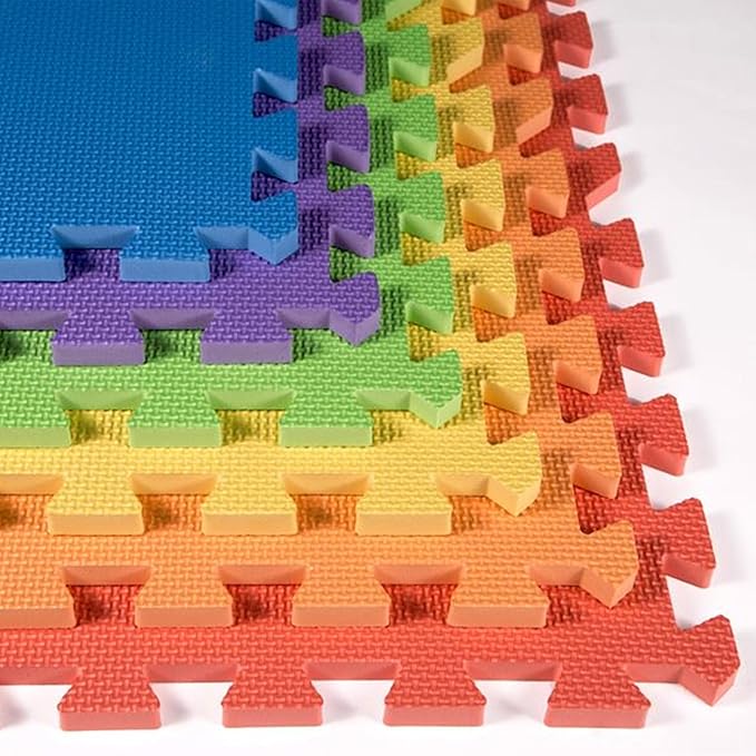 FlooringInc's Rainbow & Natural Harmony Playmat - Kid Safe Foam Floor Tiles with Removable Edges - 2'x2', 1/2" Thick (Rainbow, 6 Tile Pack)