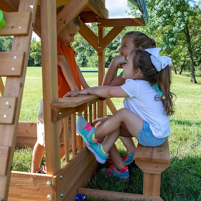 Backyard Discovery Beach Front Cedar Wood Swing Set with Wave Slide, Play Deck, Monkey Bars, Rock Wall Ladder, Shaded Picnic Area, Snack Bar, Belt Swings, Trapeze, Sandbox Area, Outdoor Playset
