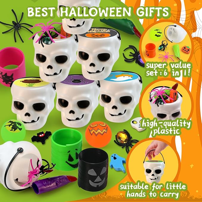 384PCS Prefilled Party Favor Bulk for Kids, 48PACK Prefilled Ghost Cauldrons With 6 Halloween Toys Inside, Goodie Bag Fillers, Prizes Gifts Miniatures for Kids, Trick or Treat