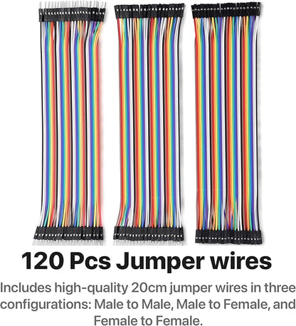 Electronics Starter Kit with 830-Point Breadboard Type-C Power Supply 120 Jumper Wires LEDs Sensors Resistors Capacitors Compatible with Arduino ESP32 STEM DIY Projects (400+ Pieces)