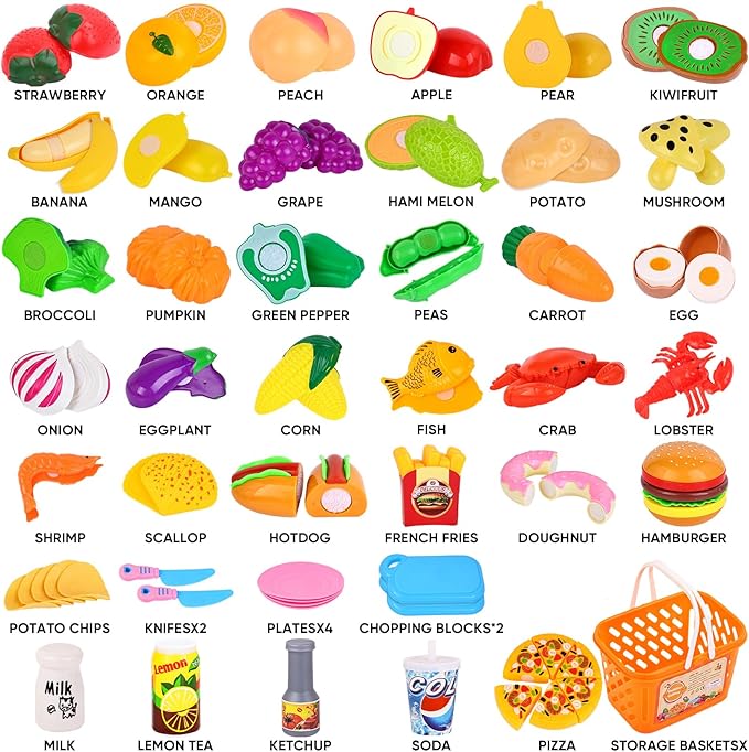 92PCS Play Food Set for Kids, Pretend Play Toys for Play Kitchen & Toddlers Learning, Food Toys with Cutting Fruits & Vegetables, Fake Food Gift Kitchen Playset for Kids Ages 3+