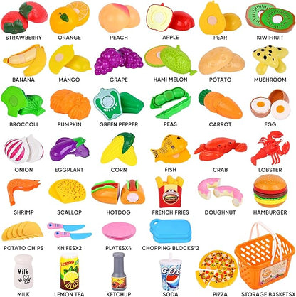 92PCS Play Food Set for Kids, Pretend Play Toys for Play Kitchen & Toddlers Learning, Food Toys with Cutting Fruits & Vegetables, Fake Food Gift Kitchen Playset for Kids Ages 3+
