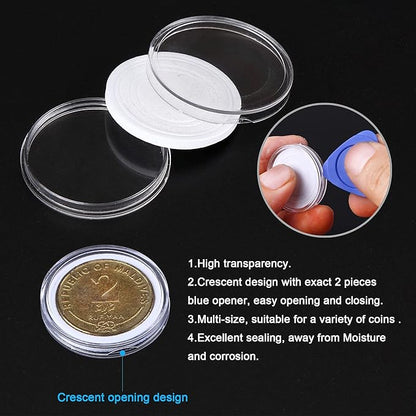 SPLF 100 Pieces 30mm Coin Capsules and 5 Sizes (17/19/21.5/25/27/29.5mm) White Protect Gasket Coin Holder Case with Plastic Storage Organizer Box for Collection Supplies