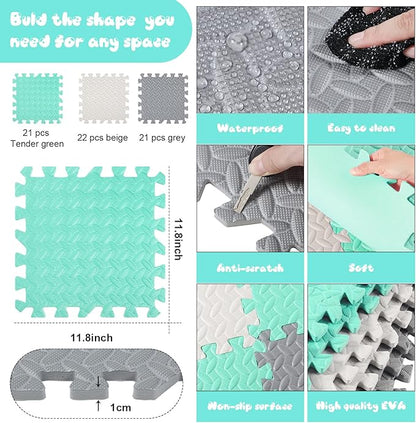 Shihanee Foam Floor Baby Tiles Foam Floor Mats Play Mats Bulk with Borders Interlocking for Kids Baby Playroom Nursery Gym (White, Gray, Green,64ft)