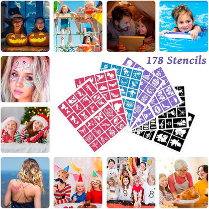 Temporary Glitter Tattoos Kit for Kids,48 Glitter Colors, 178 Stencils,4 Glue,5 Brushes,Adults and Kids Arts Glitter Kit,Wonderful Holiday Gifts for Girls & Boys.
