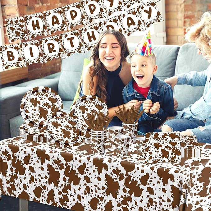 Highland Cow Decorations, 142Pcs Cow Print Plates and Napkins Party Supplies, Brown Cow Birthday Party Decorations Tableware Cups Tablecloth for Cow Baby Shower Farm Cowboy Theme Party