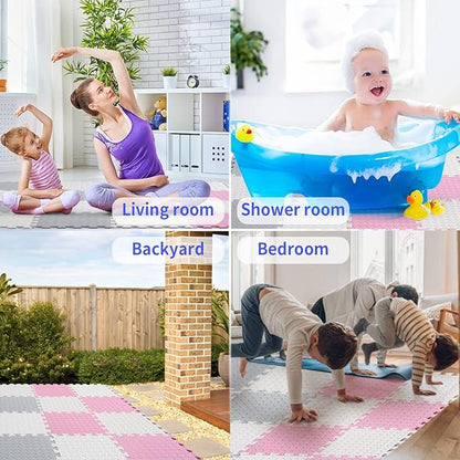 Foam Play Mat for Baby, 0.4 Inch Thick Foam Interlocking Floor Mats, Soft Non-Toxic Baby Playmat, Solid Colored Puzzle Play Mat Kids Floor Mats for Toddler, 16 Tiles(White/Light Gray/Pink)