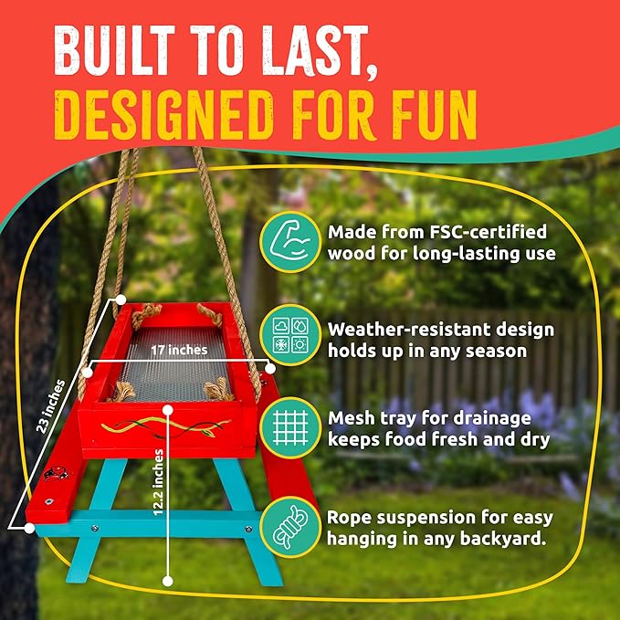 SparkJump Picnic Table Feeder for Squirrels - DIY Woodworking Project for Kids and Families, Includes Tools, Screws, and Paint Set, Sustainable FSC-Certified Wood, Ages 6+