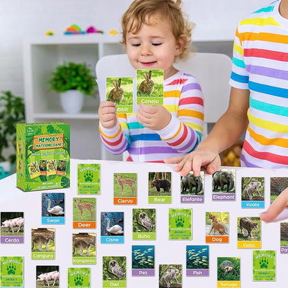 gisgfim 50 Pairs Memory Matching Games Spanish English Bilingual Animal Memory Matching Games Educational Game for Kids and Adults A Fun & Fast Animal Game Toddlers Preschool Family Board Gift
