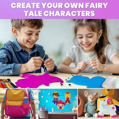 QUOKKA Kids Crafts Ages 7-8, DIY Beginner Needle and Thread Kit - 12 Fairy Tale Sewing Kit Basic - Fun Arts Crafts for Kids Ages 6-8 Girls Boys - Plastic Needles, Scissors - 7+ Year Old Girl Gifts
