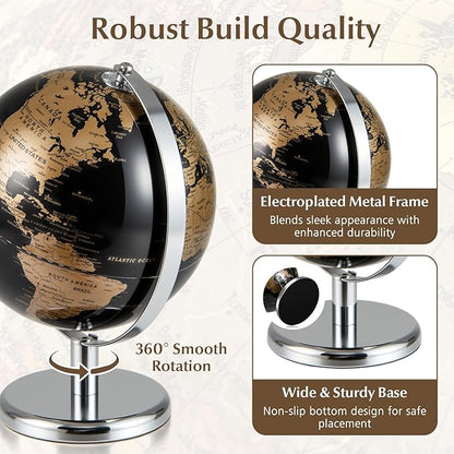 8" World Globe, Black Earth Globe with Gold Accents, Metal Stand, Non-slip Base & Time Zone, Decorative Tabletop Desk Globes for Classroom, Office & Home