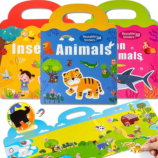 3 Sets Magnetic Reusable Sticker Book for Toddler, Animals/Ocean Animals/Insect Theme Activity Magnet Book for 3 4 5 Years Boys Girls Road Trip Airplane Train Travel Essentials Toy