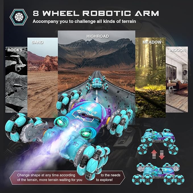 ATHLERIA 8WD Gesture Sensing Rc Stunt Car Toys for Boy Age 8-13,Octopus Remote Control Cars with Spray Lights,Racing Drift Car,Christmas Birthday Easter Gifts for Boys Girls Teens 8 Years and up