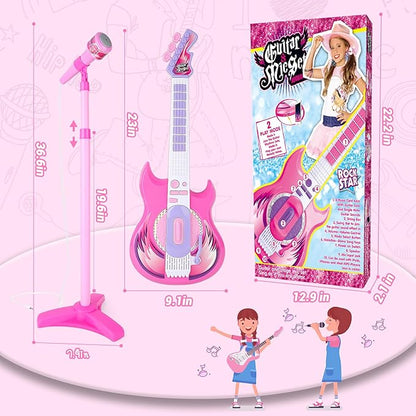 deAO Kids Guitar and Microphone Play Set with Stand for Girls, Musical Guitar Play Set, Adjustable Height Guitar Toys Karaoke Music Toys Birthday Gifts for Kids Boys Girls Toddlers