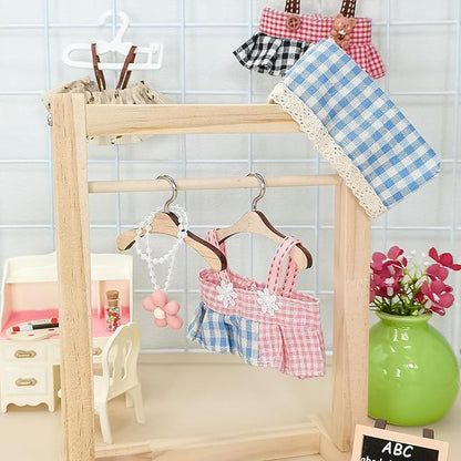17cm Doll Clothes Set, Compatible with Labubu, Floral Dress with Lace Trim, Headband & Bear Charm Accessory (NO Doll) (Pink Gingham)